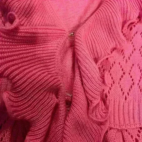 Women’s Sioni Studio Pink Ruffle Crochet Short Sleeve Long Cardigan Size Large - Picture 3 of 5